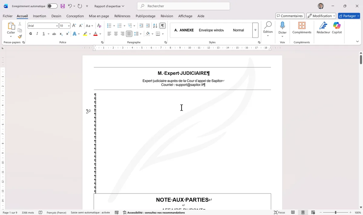 Marques de formatage activées montrant points et pilcrows