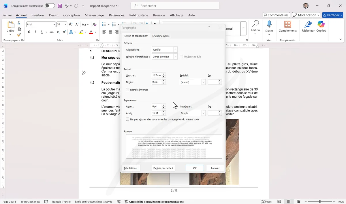 Boîte de dialogue Paragraphe avec espacement Après à 12 pt