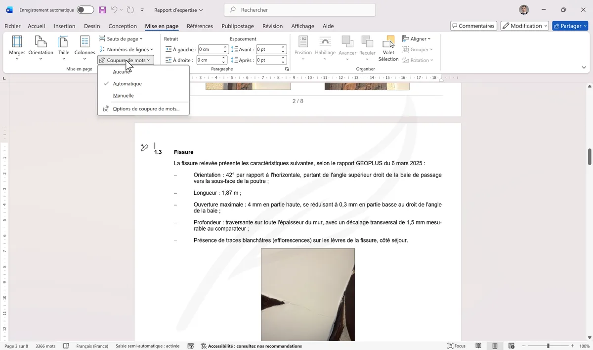 Menu Coupure de mots dans Mise en page
