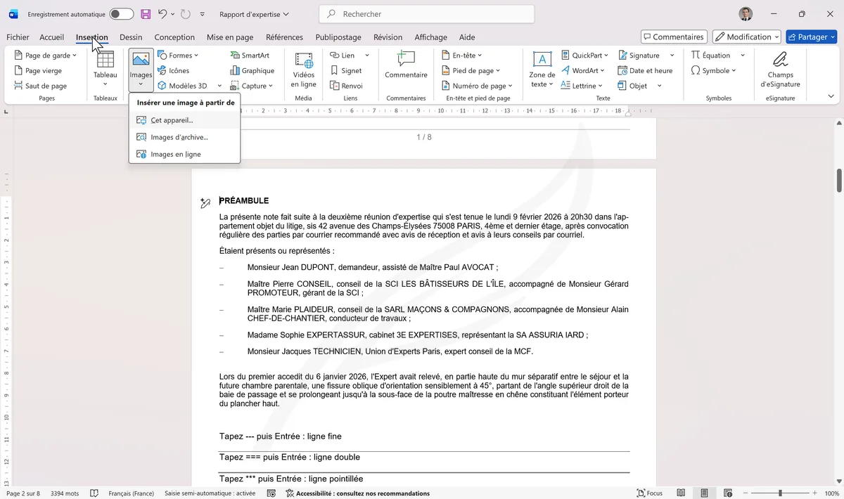 Menu Insertion avec le bouton Images ouvert