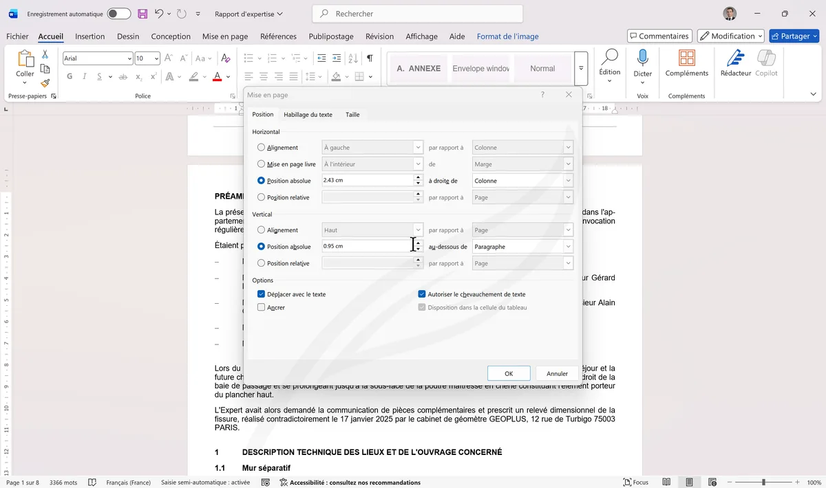 Boîte Disposition, onglet Position avec les options d'ancrage