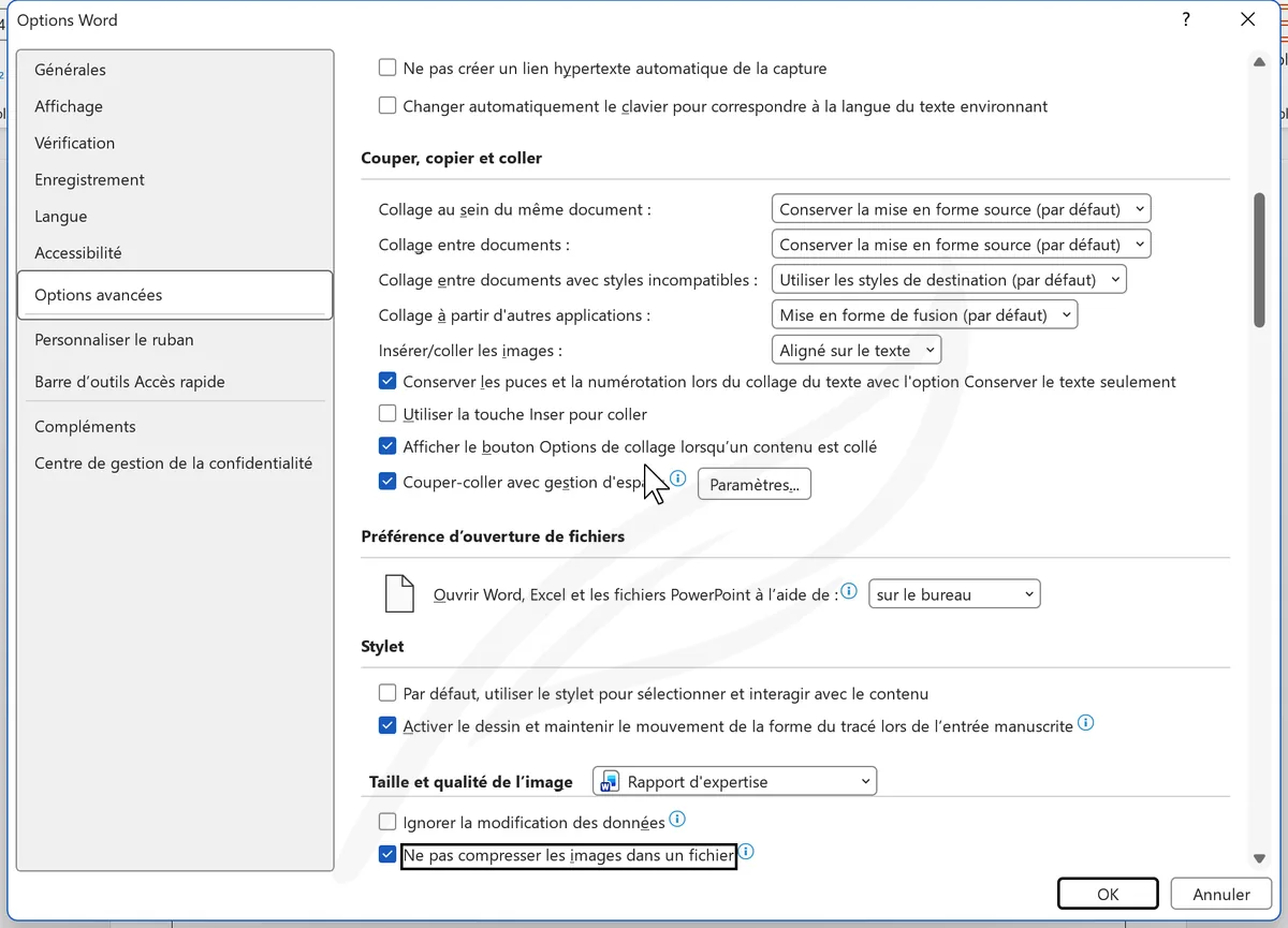 Options de taille et qualité des images dans Word