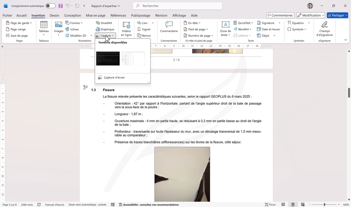 Menu Capture d'écran avec miniatures des fenêtres