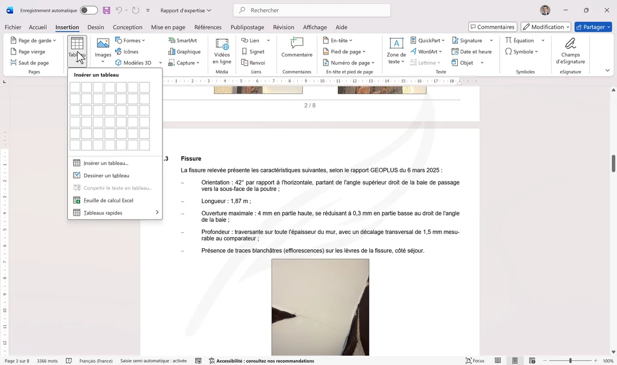 Menu Insertion avec la grille de tableau