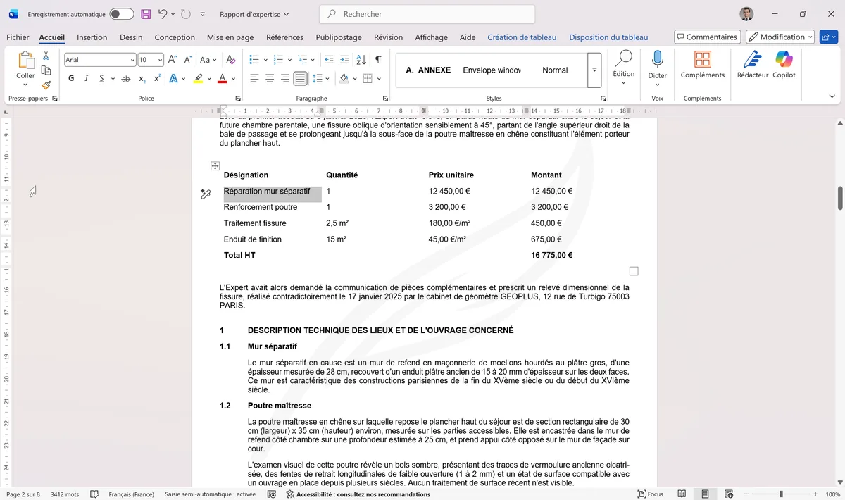 Tableau avec croix de déplacement et curseur colonne