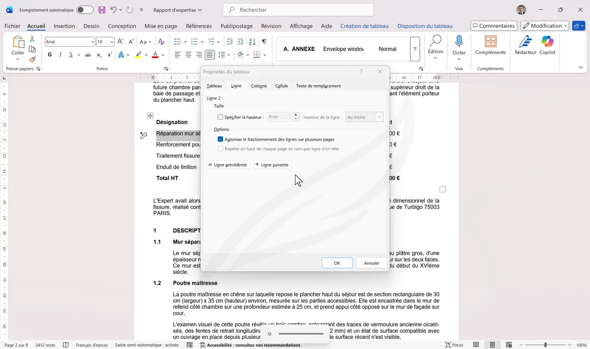 Propriétés du tableau, onglet Ligne