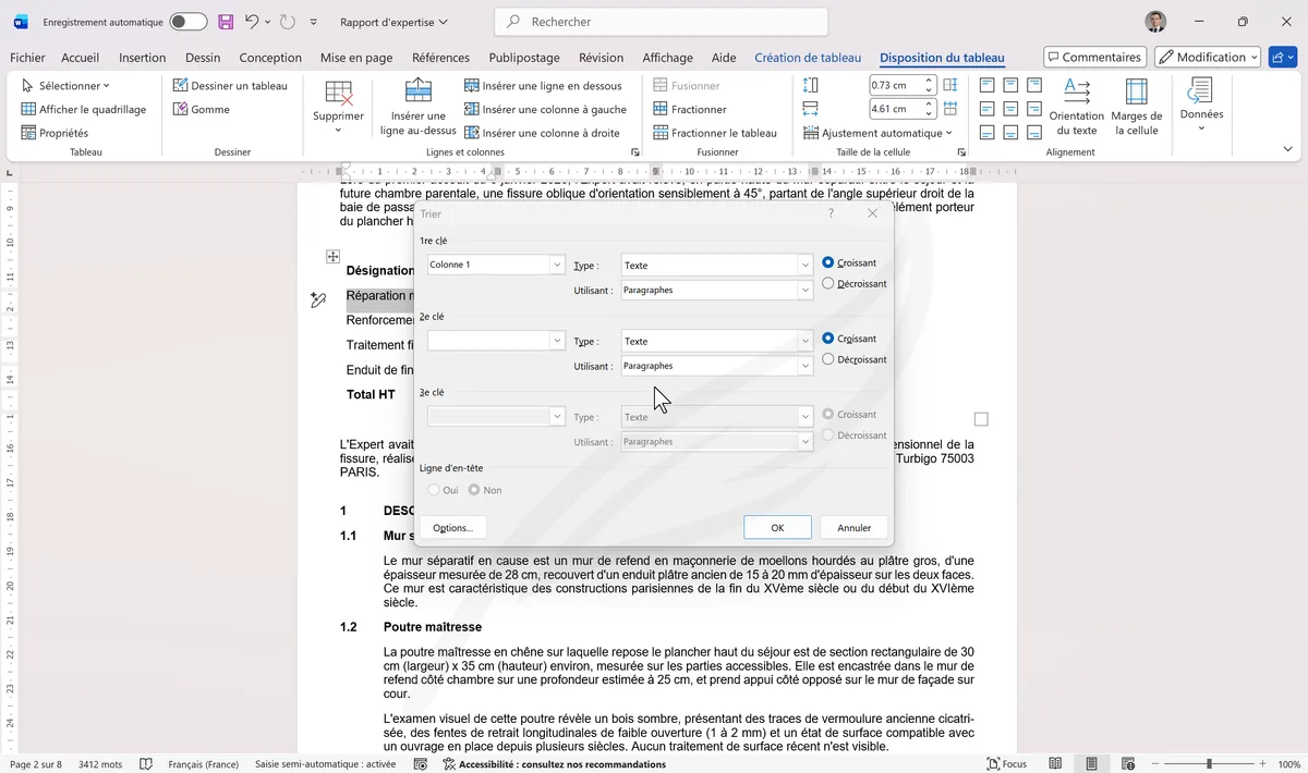 Boîte de dialogue Trier avec options