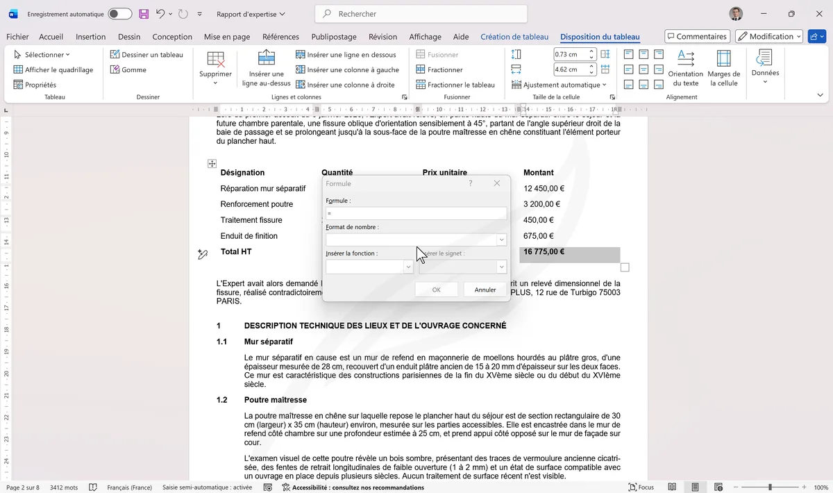 Boîte Formule avec =SUM(ABOVE)