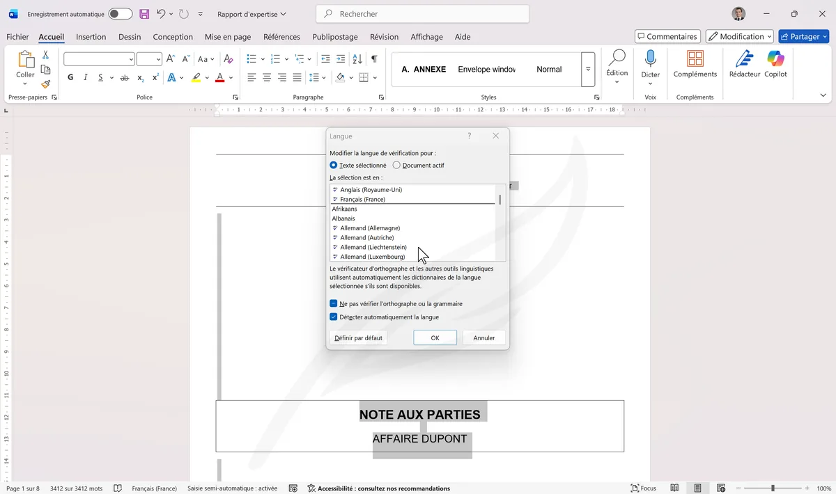 Boîte de dialogue Langue avec Français sélectionné