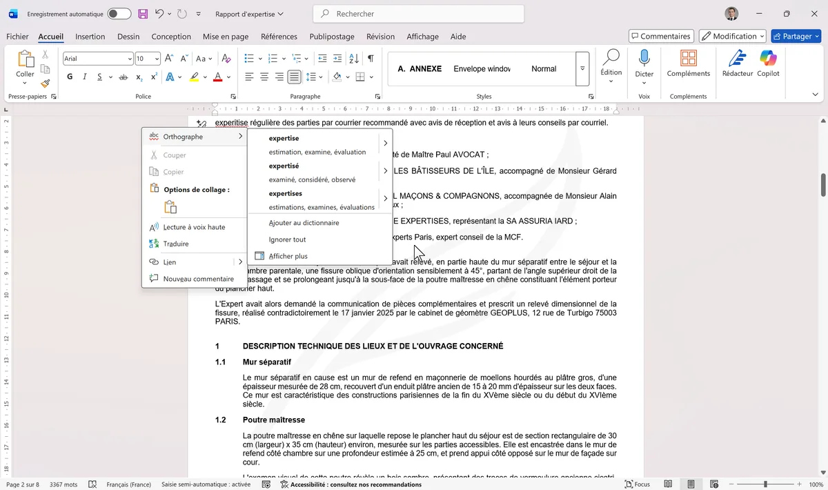 Menu contextuel orthographe avec Ajouter au dictionnaire