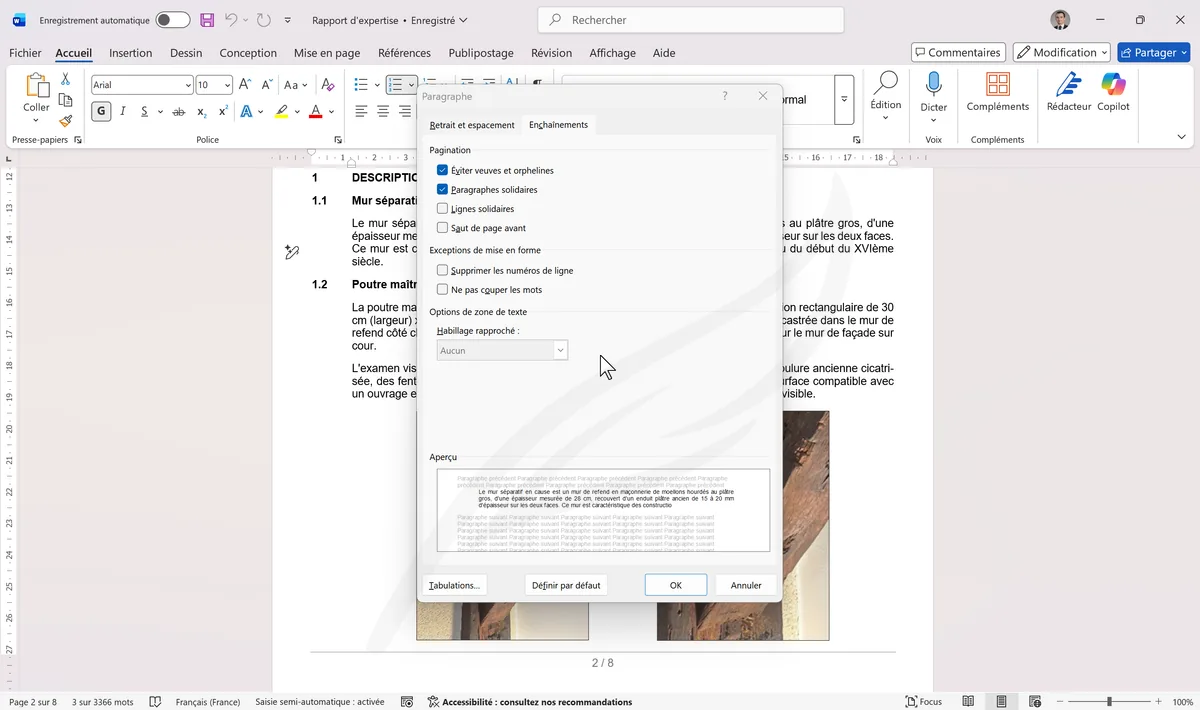 Onglet Enchaînements avec Paragraphes solidaires coché
