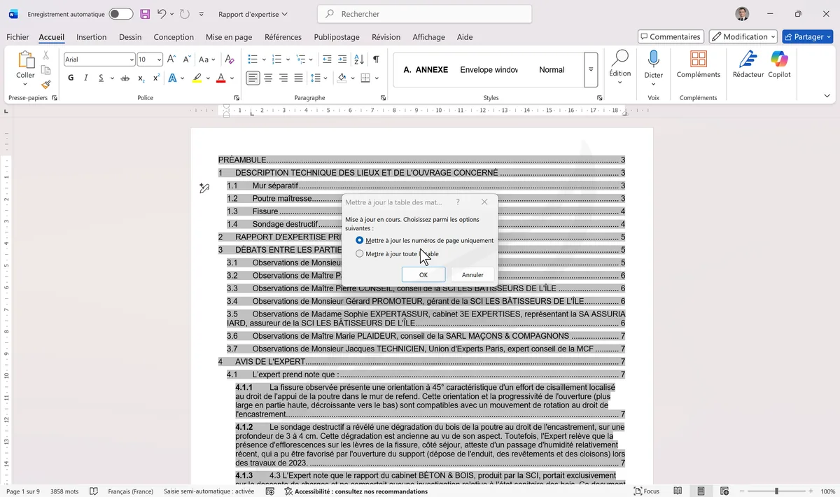 Menu contextuel Mettre à jour la table des matières