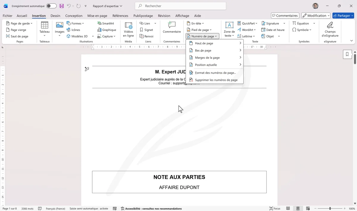 Menu Numéro de page avec options de position