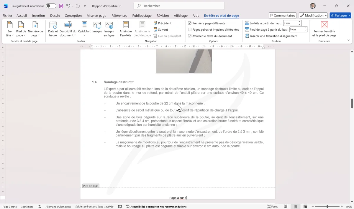 Pied de page affichant Page X sur Y