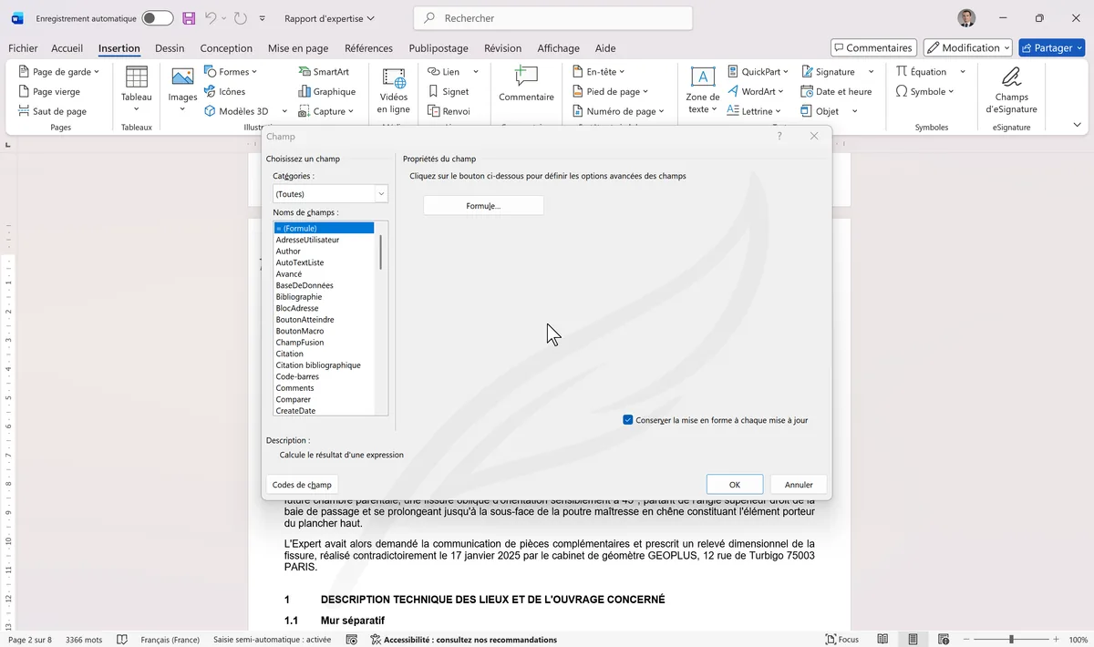 Boîte Champ avec FileName sélectionné