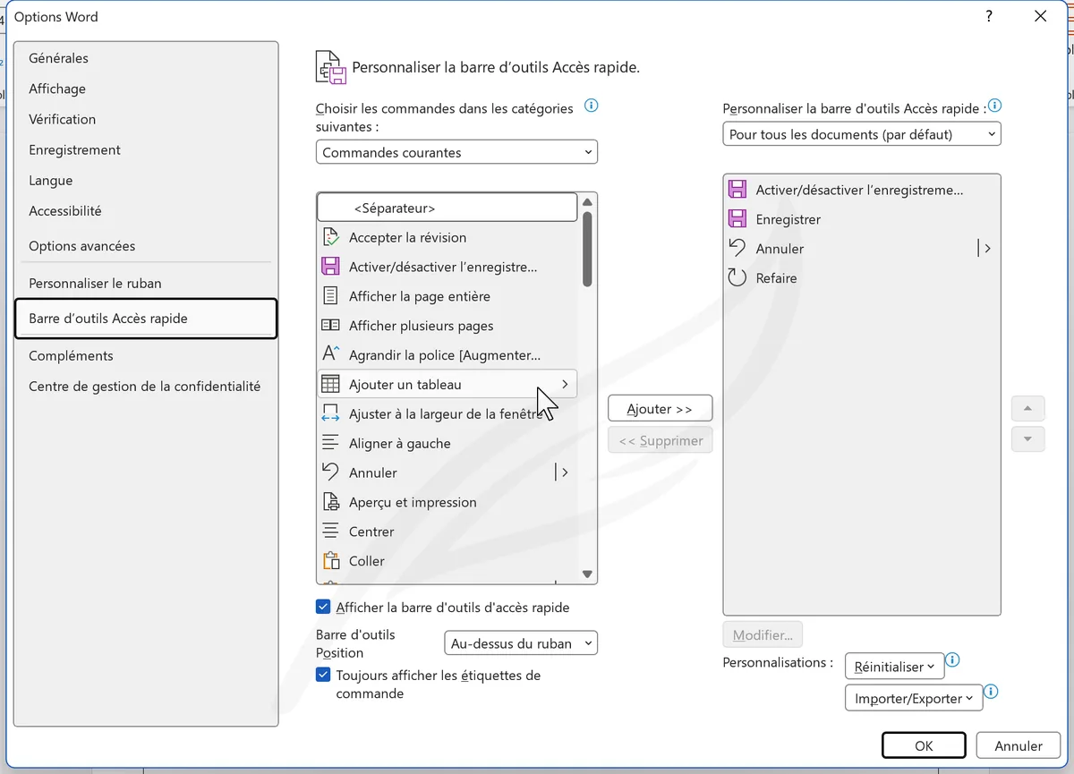 Personnalisation de la barre d'outils Accès rapide