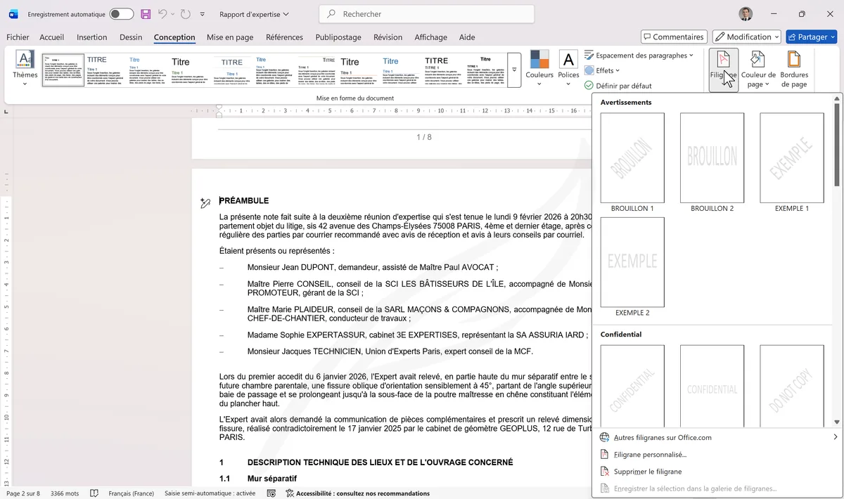 Menu Filigrane ouvert