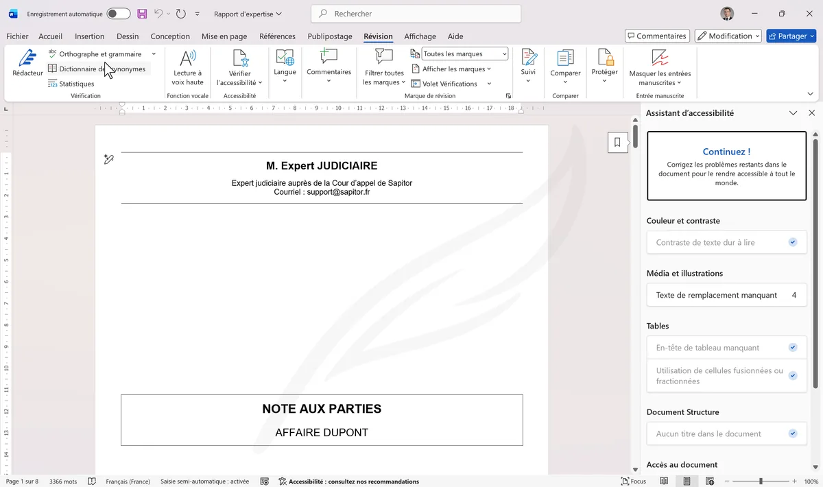 Vérificateur d'accessibilité avec problèmes listés
